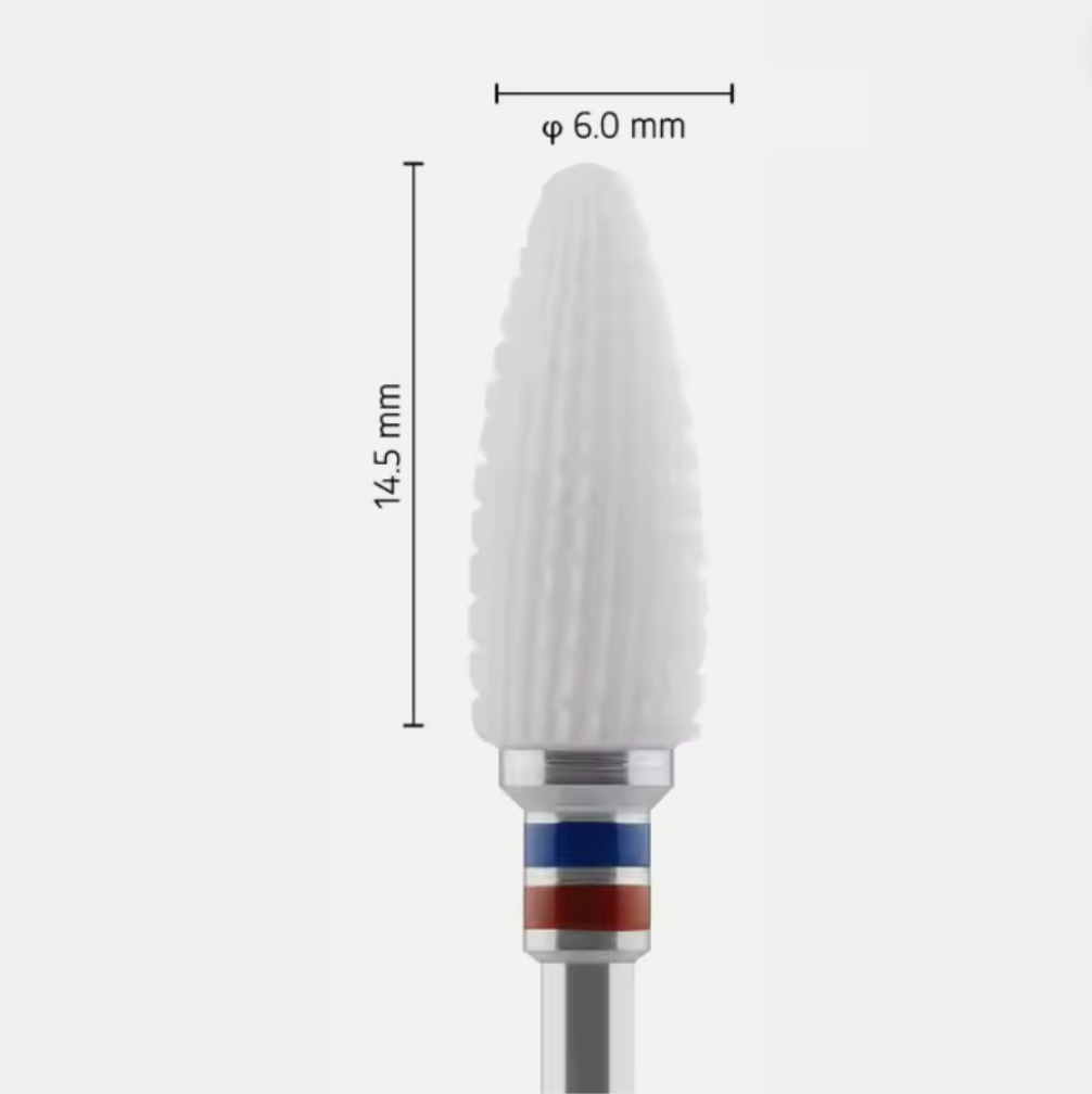 Fresa cerámica – Forma de bala – Para resinas y circonio – Simple transversal gruesa C – Anillo verde/azul – ø ISO 060