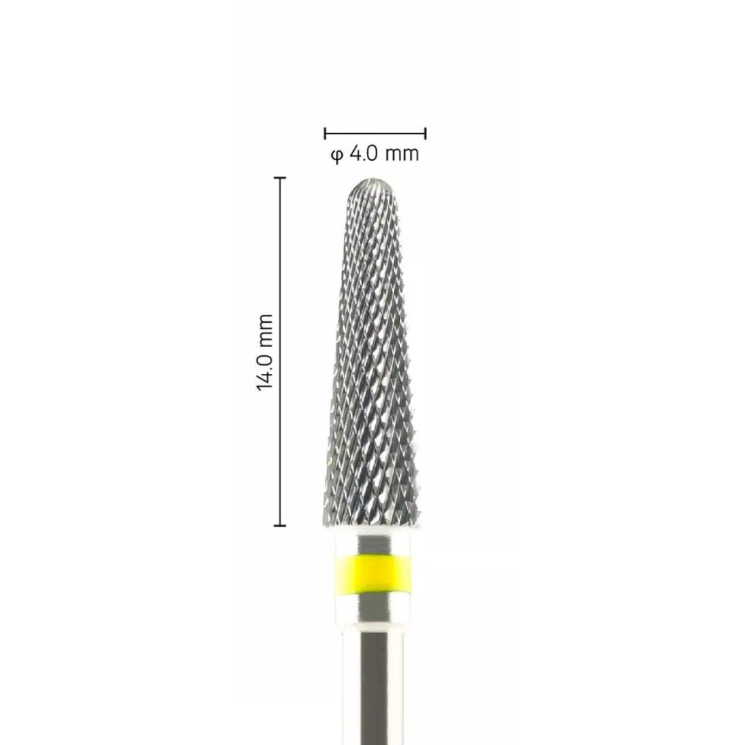 Fraise carbure tungstène - Forme Conique bout rond - Pour alliages métalliques et céramiques - Bague Jaune - ø ISO 040 - ISO 110 - Fraise pour Pièce à Main - Metior - Matériel dentaire