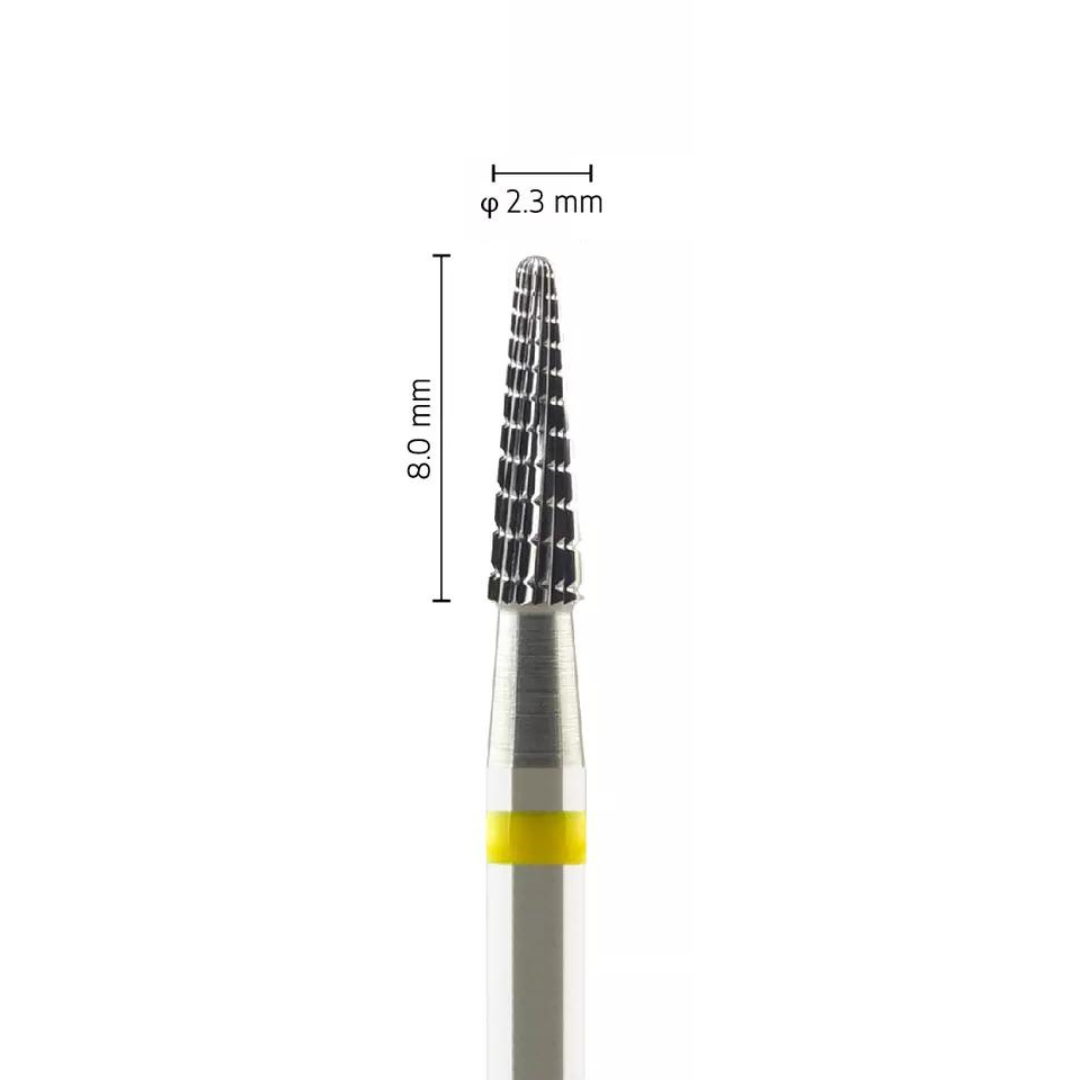 Fraise carbure tungstène - Forme Conique bout rond - Pour alliages métalliques, résines et céramiques - Bague Jaune - ø ISO 023 - ISO 137 - Metior - Matériel dentaire