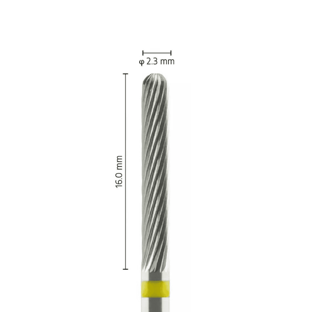 Fraise carbure tungstène – Forme Cylindrique bout rond – Pour alliages métalliques et céramiques – Bague Jaune – ø ISO 023 – ISO 102 - Fraise pour Pièce à Main - Metior - Matériel dentaire