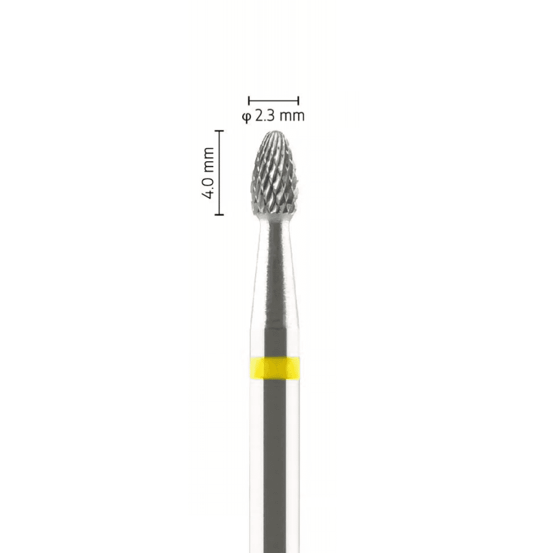 Fraise carbure tungstène – Forme Olive/Oeuf – Pour alliages métalliques et céramiques – Bague Jaune – ø ISO 023 – ISO 110 - Fraise pour Pièce à Main - Metior - Matériel dentaire