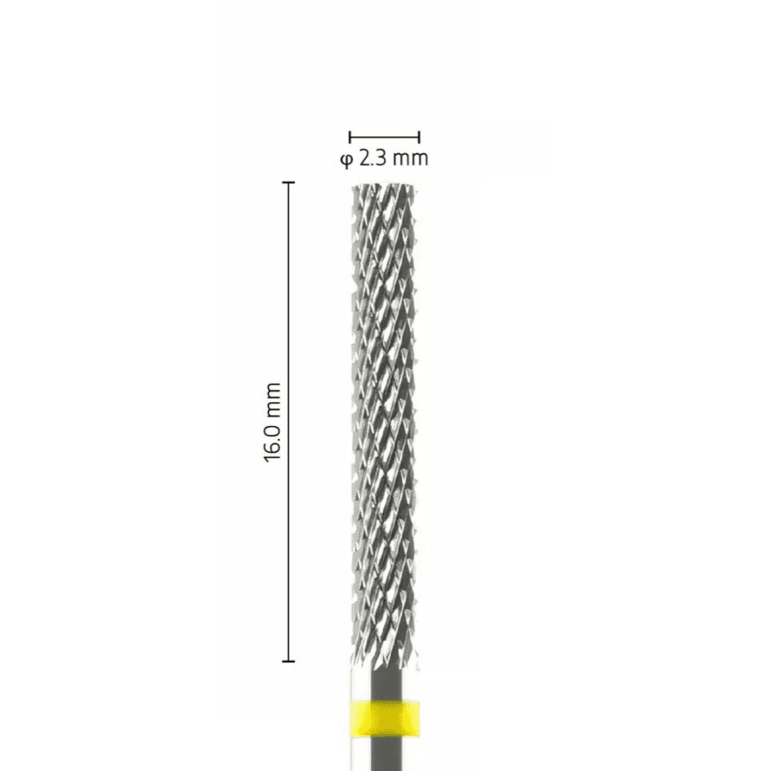 Fraise carbure tungstène – Forme Cylindrique – Pour alliages métalliques et céramiques – Bague Jaune – ø ISO 023 – ISO 110 - Fraise pour Pièce à Main - Metior - Matériel dentaire