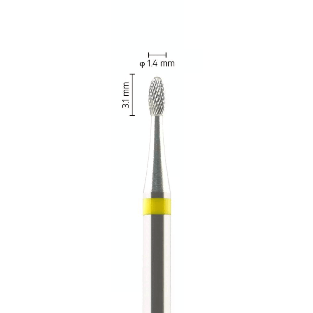 Fraise carbure tungstène – Forme Olive/Oeuf – Pour alliages métalliques et céramiques – Bague Jaune – ø ISO 014 – ISO 110 - Fraise pour Pièce à Main - Metior - Matériel dentaire