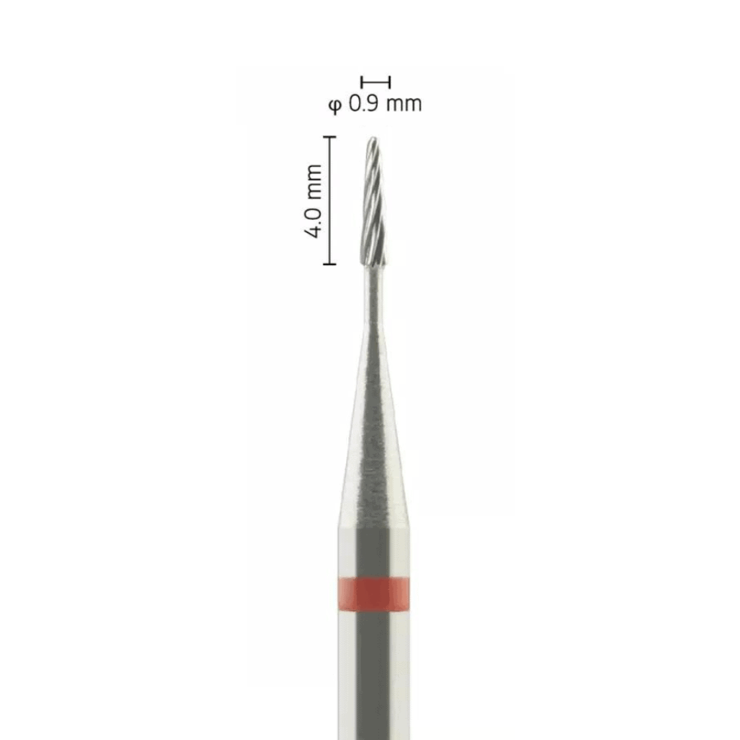 Fraise carbure tungstène - Forme conique bout rond - Pour alliages métalliques, résines et céramiques - Bague Rouge - ø ISO 009 - ISO 133 - Fraise pour Pièce à Main - Metior - Matériel dentaire