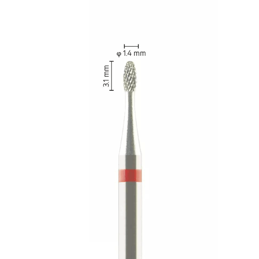 Fraise carbure tungstène – Forme Olive/Oeuf – Pour alliages métalliques, résines et céramiques – Bague Rouge – ø ISO 014 – ISO 140 - Fraise pour Pièce à Main - Metior - Matériel dentaire