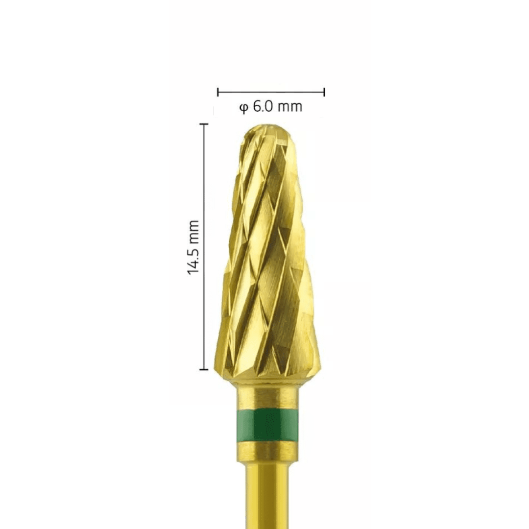 Metior - Fraise carbure tungstène - Revêtue TIN - Forme Conique bout rond - Pour plâtres - Bague Verte - ø ISO 060 - ISO 220 - Fraise pour Pièce à Main - Prothésistes dentaires - Pédicures podologues - Chirurgiens dentistes - Étudiants dentaires - Joalliers - Metior