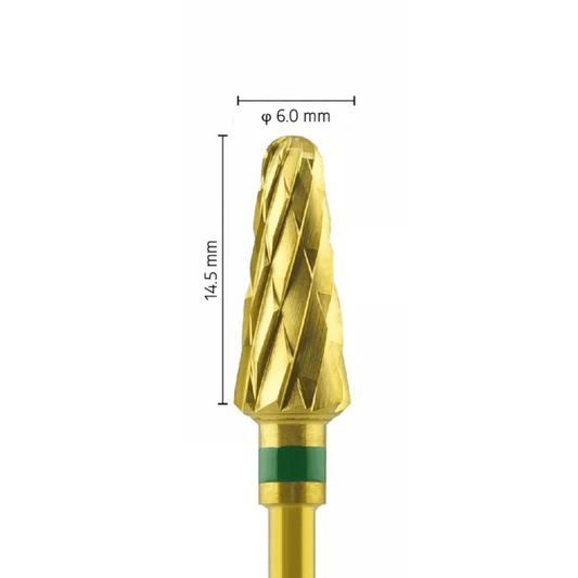 Metior - Fraise carbure tungstène - Revêtue TIN - Forme Conique bout rond - Pour plâtres - Bague Verte - ø ISO 060 - ISO 220 - Fraise pour Pièce à Main - Prothésistes dentaires - Pédicures podologues - Chirurgiens dentistes - Étudiants dentaires - Joalliers - Metior