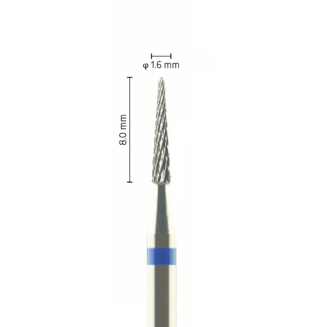 Fraise carbure tungstène – Forme Conique bout rond – Pour alliages métalliques, résines et plâtres – Bague Bleue – ø ISO 016 – ISO 190 - Fraise pour Pièce à Main - Metior - Matériel dentaire