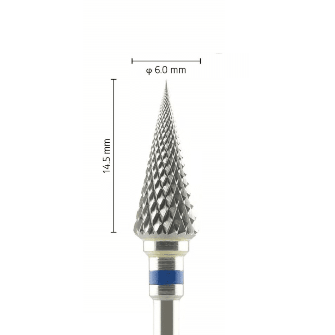 Fraise carbure tungstène - Forme conique bout pointu - Pour alliages métalliques, résines et plâtres - Bague Bleue - ø ISO 060 - ISO 190 - Fraise pour Pièce à Main - Metior - Matériel dentaire