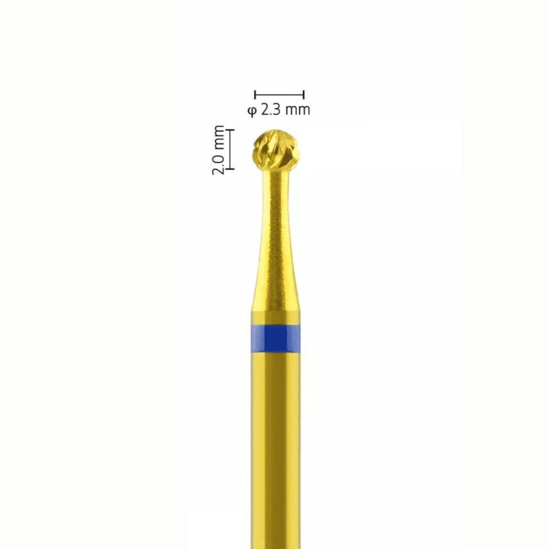 Metior - Fraise carbure tungstène - Revêtue TIN - Forme Boule - Pour plâtres résines et alliages métalliques - Bague Bleue - ø ISO 023 - ISO 190 - Fraise pour Pièce à Main - Prothésistes dentaires - Pédicures podologues - Chirurgiens dentistes - Étudiants dentaires - Joalliers - Metior