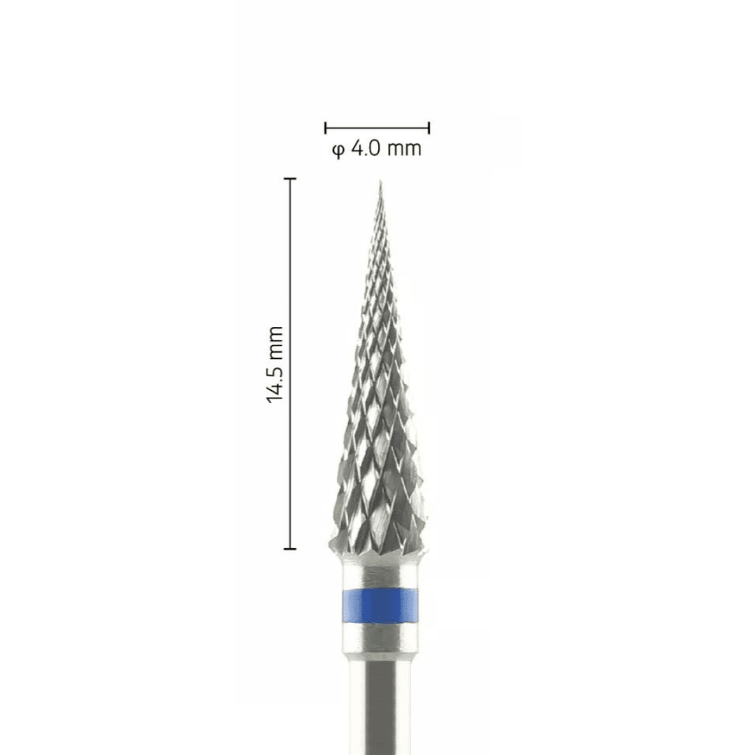 Fraise carbure tungstène - Forme conique bout pointu - Pour alliages métalliques, résines et plâtres - Bague Bleue - ø ISO 040 - ISO 190 - Fraise pour Pièce à Main - Metior - Matériel dentaire