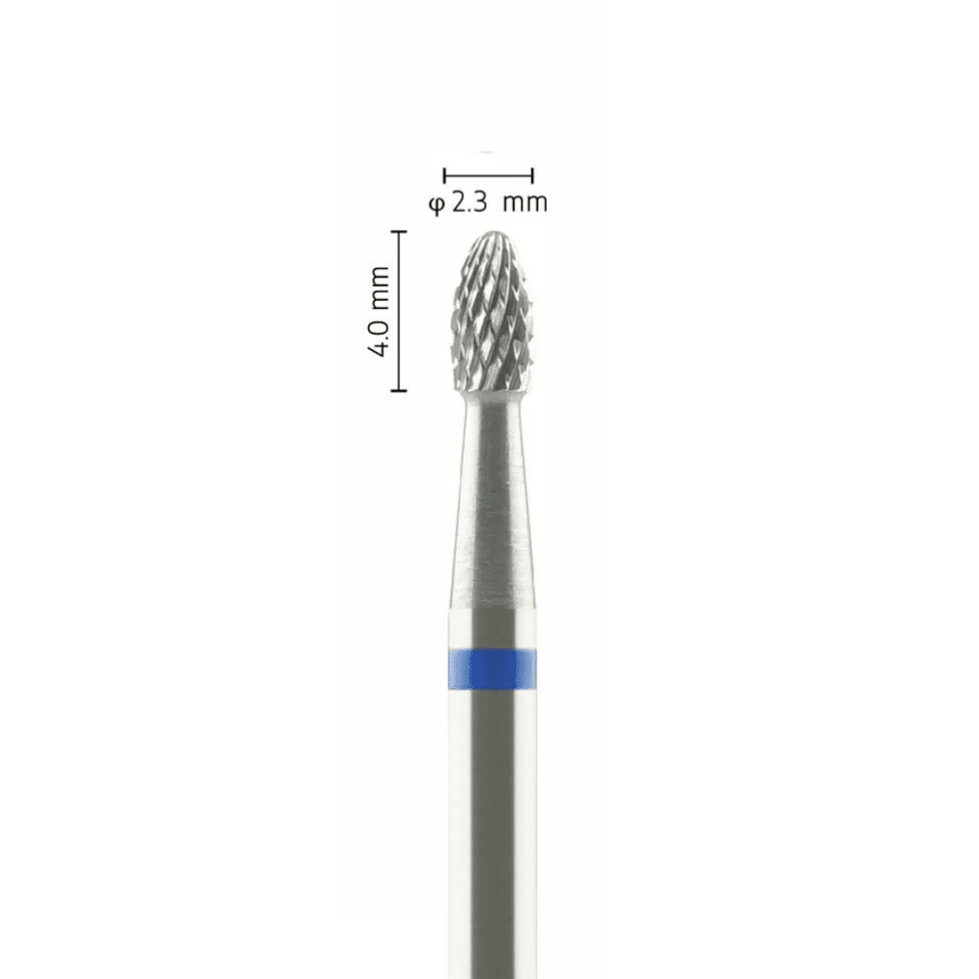 Fraise carbure tungstène – Forme Olive/Oeuf – Pour alliages métalliques, résines et plâtres – Bague Bleue – ø ISO 023 – ISO 190 - Fraise pour Pièce à Main - Metior - Matériel dentaire