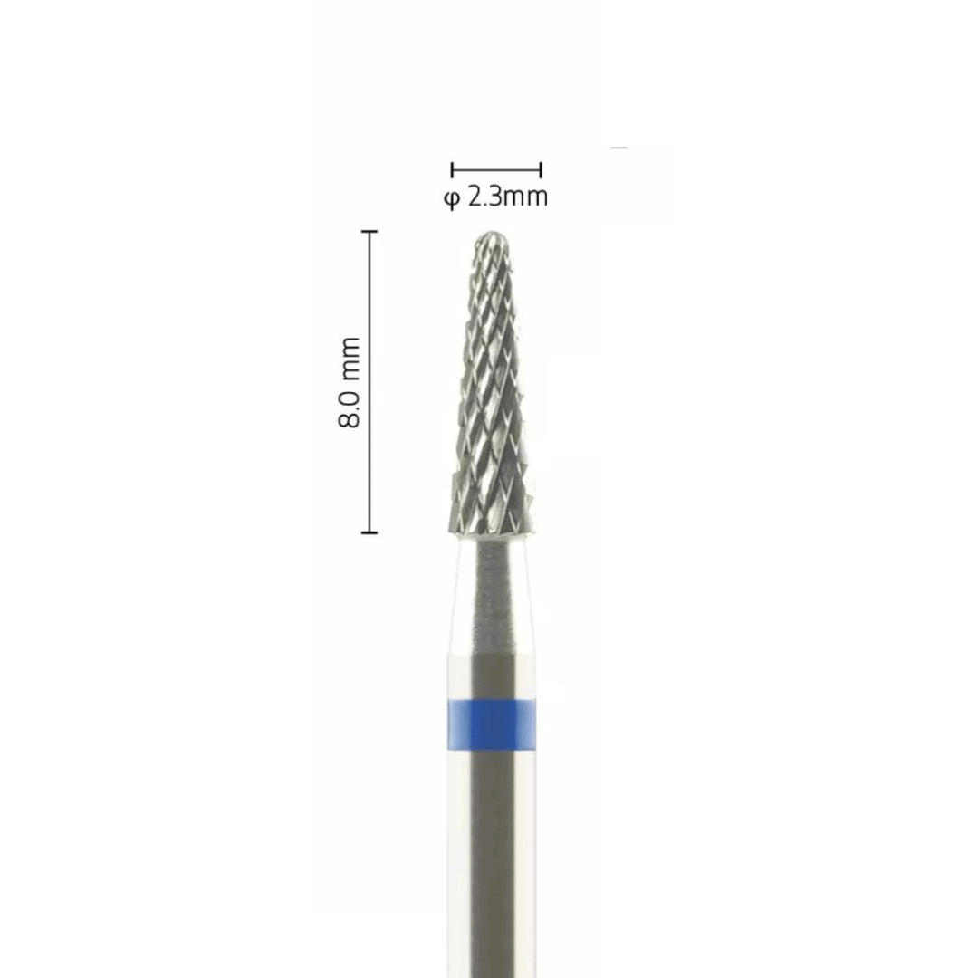 Fraise carbure tungstène – Forme conique bout rond – Pour alliages métalliques, résines et plâtres – Bague Bleue – ø ISO 023 – ISO 190 - Fraise pour Pièce à Main - Metior - Matériel dentaire