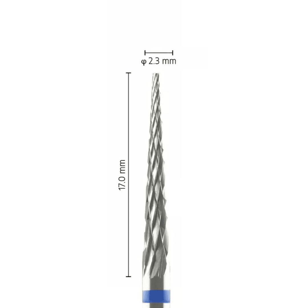 Fraise carbure tungstène – Forme Conique – Pour alliages métalliques, résines et plâtres – Bague Bleue – ø ISO 023 – ISO 190 - Fraise pour Pièce à Main - Metior - Matériel dentaire