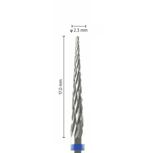 Fraise carbure tungstène – Forme Conique – Pour alliages métalliques, résines et plâtres – Bague Bleue – ø ISO 023 – ISO 190 - Fraise pour Pièce à Main - Metior - Matériel dentaire