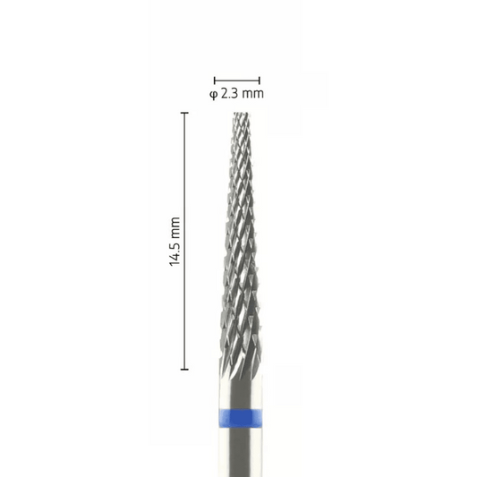 Fraise carbure tungstène – Forme Conique – Pour alliages métalliques, résines et plâtres – Bague Bleue – ø ISO 023 – ISO 190 - Fraise pour Pièce à Main - Metior - Matériel dentaire