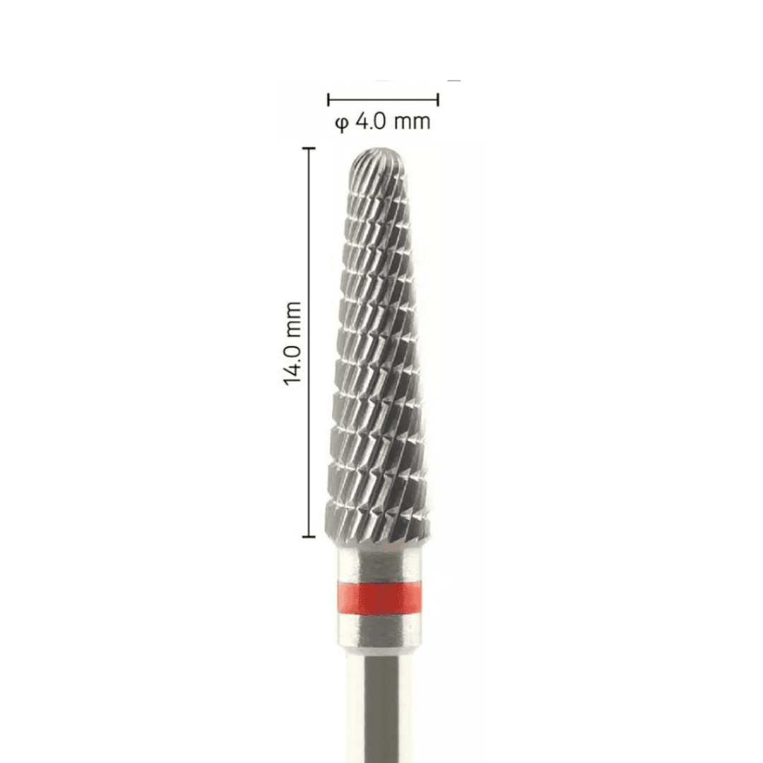 Fraise carbure tungstène - Forme Conique bout rond - Pour alliages métalliques résines et porcelaines - Bague Rouge - ø ISO 040 - ISO 134 - Fraise pour Pièce à Main - Metior - Matériel dentaire