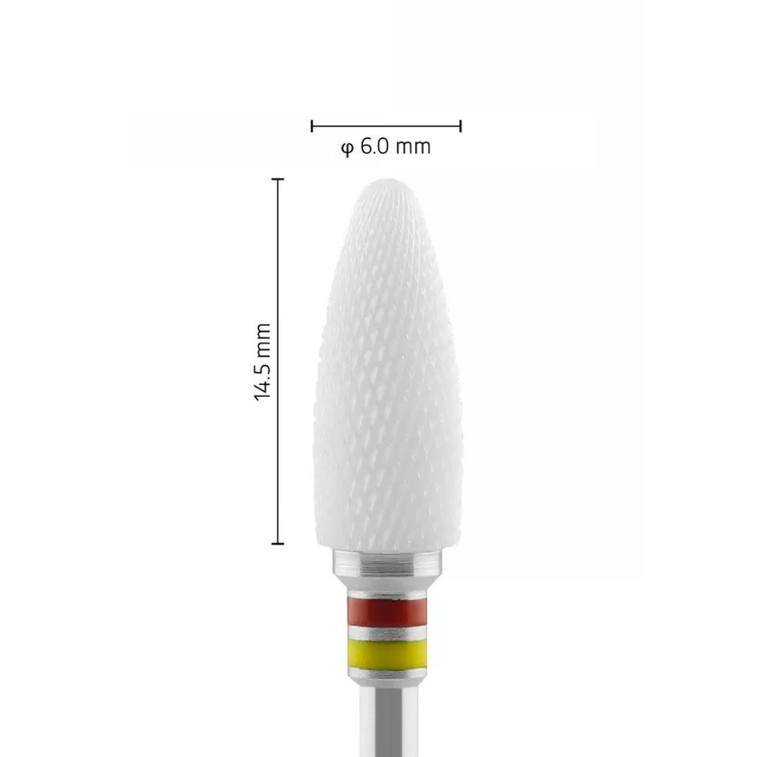 Fraise en céramique – Forme Balle – Pour résines et zircone - Croisée Double Fine XXF – Bague Rouge/Jaune – ø ISO 060 - Fraise pour Pièce à Main - Metior - Matériel dentaire