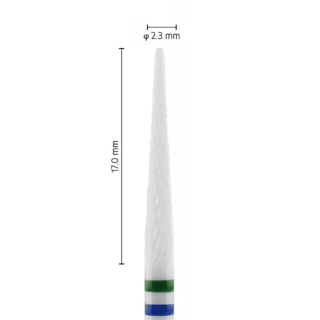 Fraise en céramique – Forme Conique – Pour résines et zircone – Bague Verte/Bleue – ø ISO 023 - Fraise pour Pièce à Main - Metior - Matériel dentaire