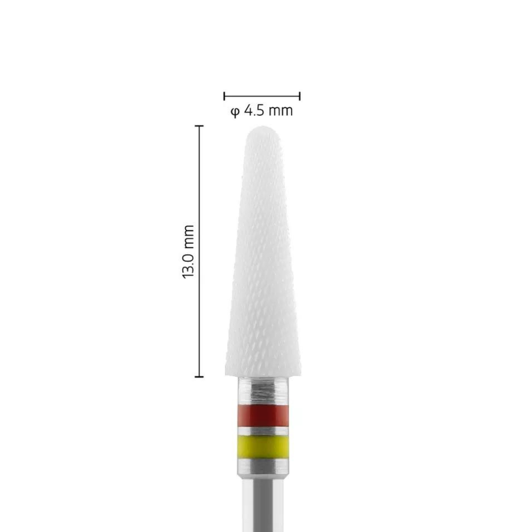 Fraise en céramique – Forme Conique bout rond – Pour résines et zircone - Croisée Double-fine XXF – Bague Rouge/Jaune – ø ISO 045 - Fraise pour Pièce à Main - Metior - Matériel dentaire