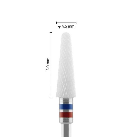 Fraise en céramique – Forme Conique bout rond – Pour résines et zircone - Croisée Fine F – Bague Bleue/Rouge – ø ISO 045 - Fraise pour Pièce à Main - Metior - Matériel dentaire