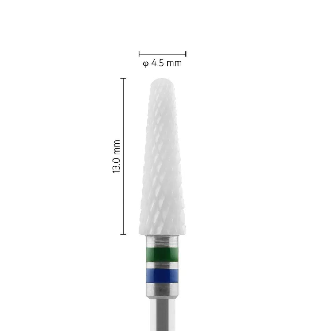 Fraise en céramique – Forme Conique bout rond – Pour résines et zircone - Croisée Grossière C – Bague Verte/Bleue – ø ISO 045 - Fraise pour Pièce à Main - Metior - Matériel dentaire