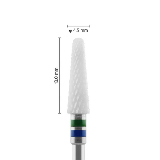 Fraise en céramique – Forme Conique bout rond – Pour résines et zircone - Croisée Grossière C – Bague Verte/Bleue – ø ISO 045 - Fraise pour Pièce à Main - Metior - Matériel dentaire