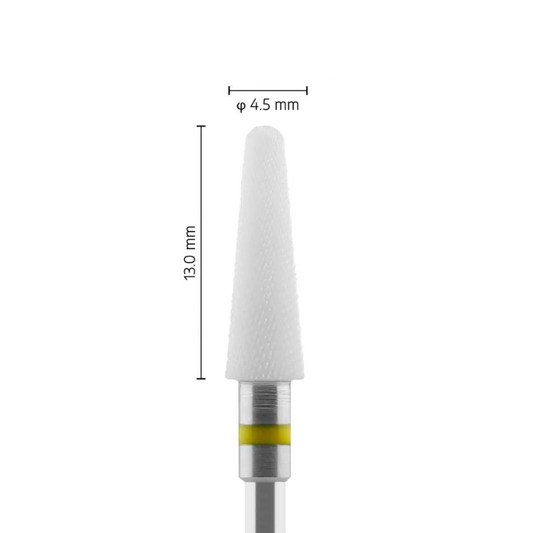 Fraise en céramique – Forme Conique bout rond – Pour résines et zircone - Croisée extra-extra-fine XXXF – Bague Jaune – ø ISO 045 - Fraise pour Pièce à Main - Metior - Matériel dentaire